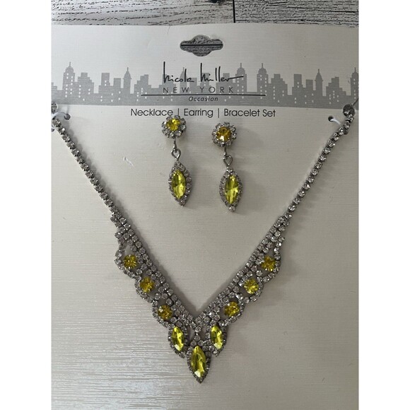 Nicole Miller Necklace Dangle Earrings Bracelet Set Yellow Stone Silver Tone - Picture 2 of 5